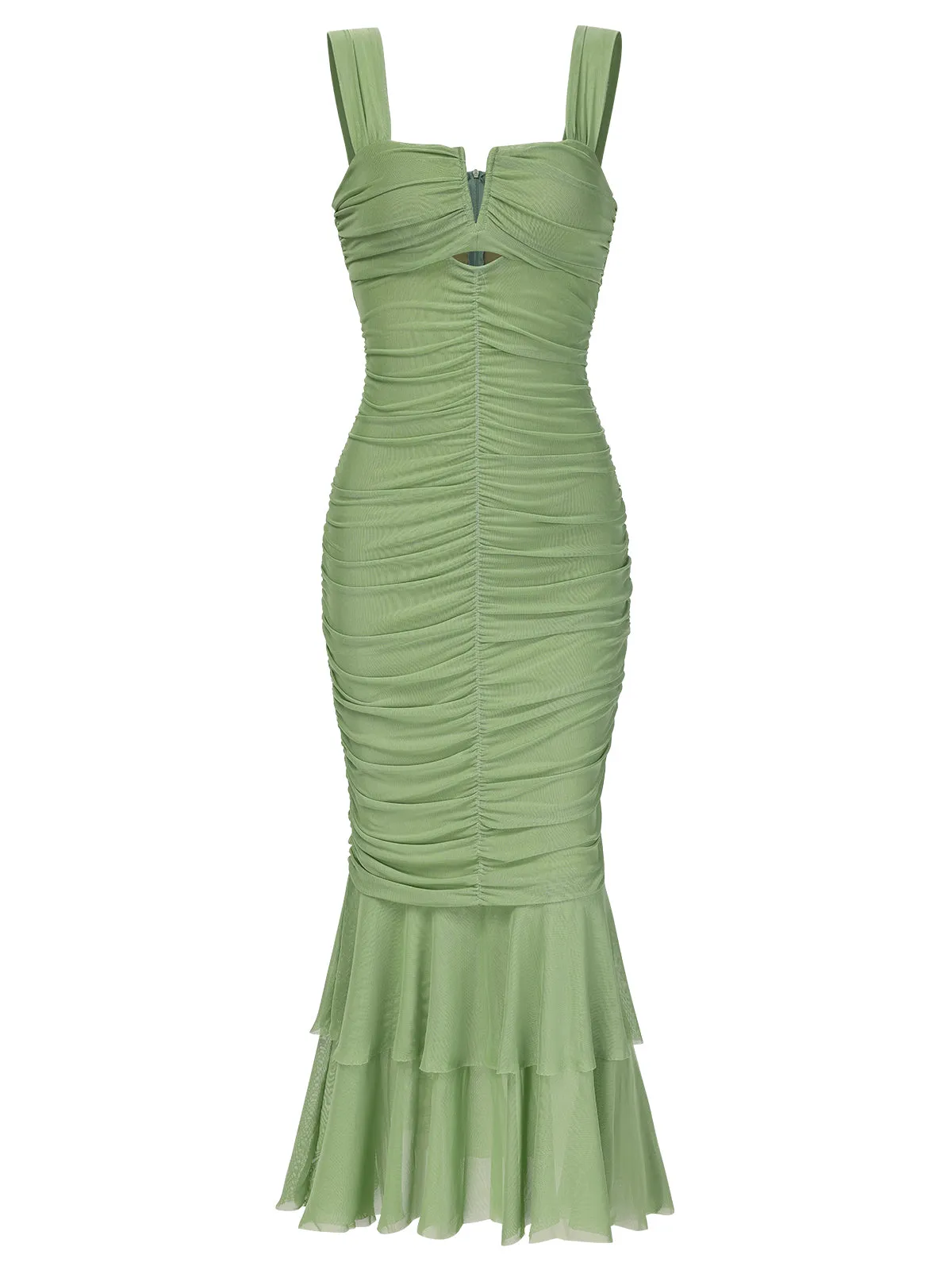 1930s Solid Pleated Wide Strap Fishtail Dress