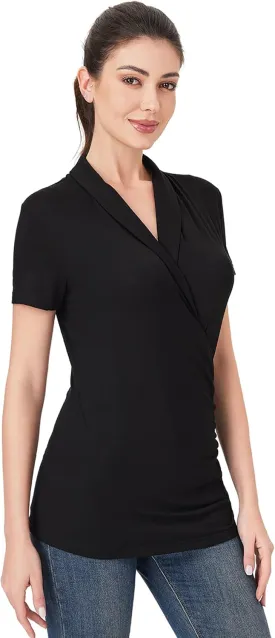 AmlieBoutik Women Casual V Neck Wrap Top Ruched Short Sleeve Office Dressy Blouse Top Asymmetrical Elegant Shirts