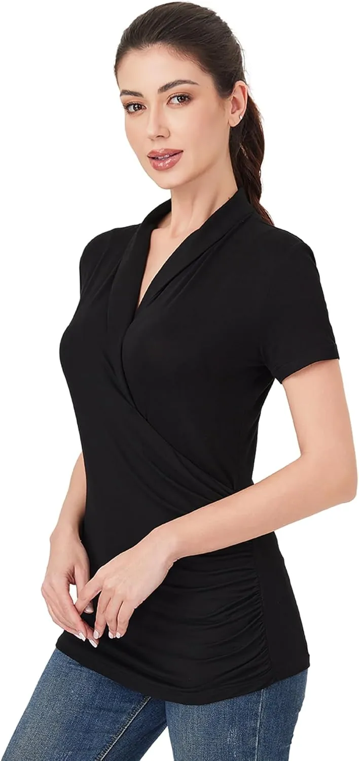 AmlieBoutik Women Casual V Neck Wrap Top Ruched Short Sleeve Office Dressy Blouse Top Asymmetrical Elegant Shirts