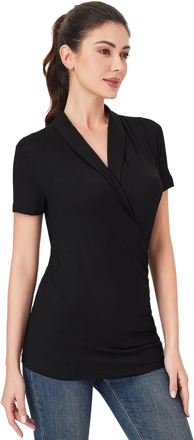 AmlieBoutik Women Casual V Neck Wrap Top Ruched Short Sleeve Office Dressy Blouse Top Asymmetrical Elegant Shirts