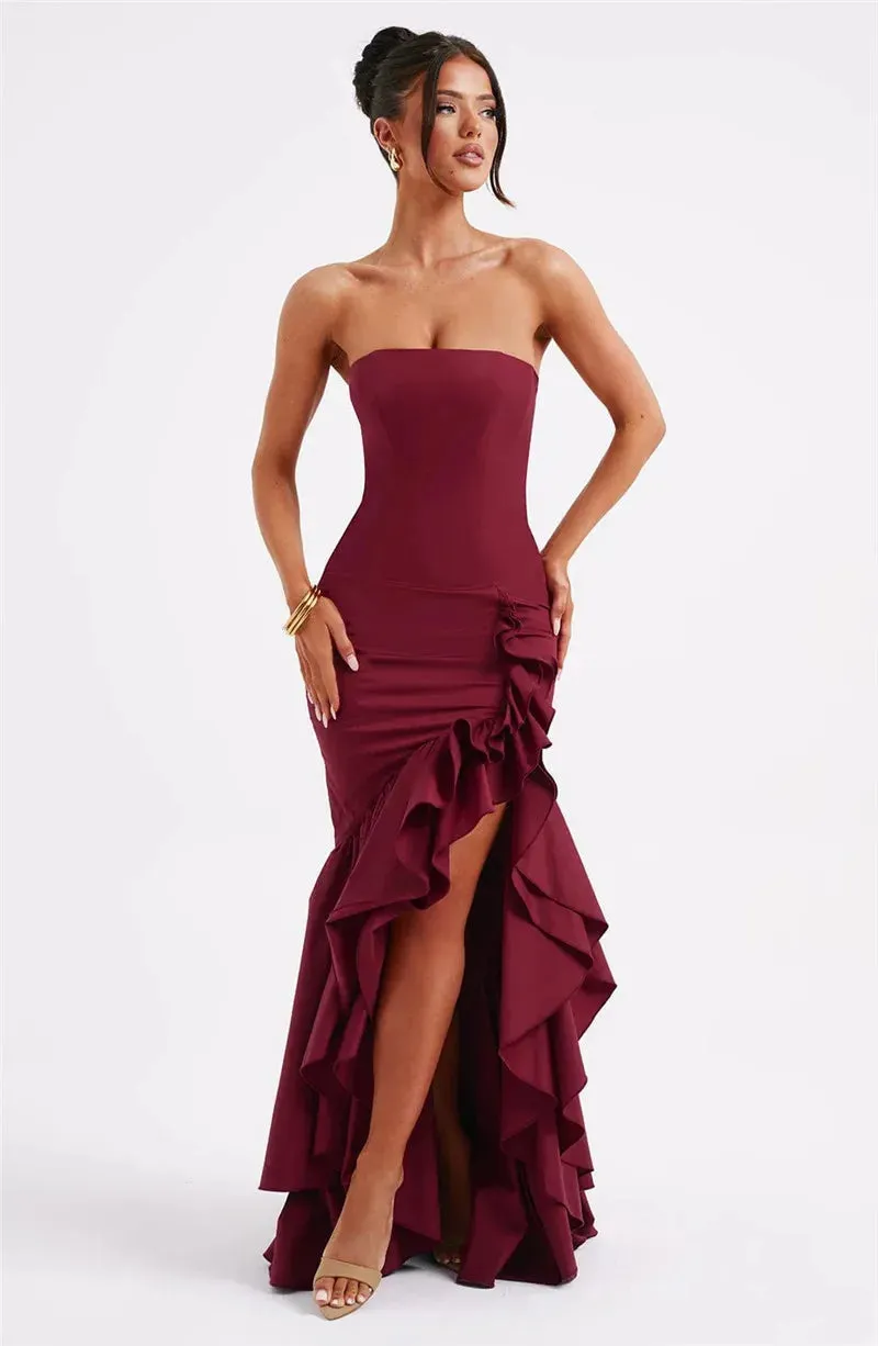 Amozae Strapless High Split Ruffle Long Dress For Women Fashion Off-shoulder Backless Sleeveless Bodycon Club Party Sexy Dress