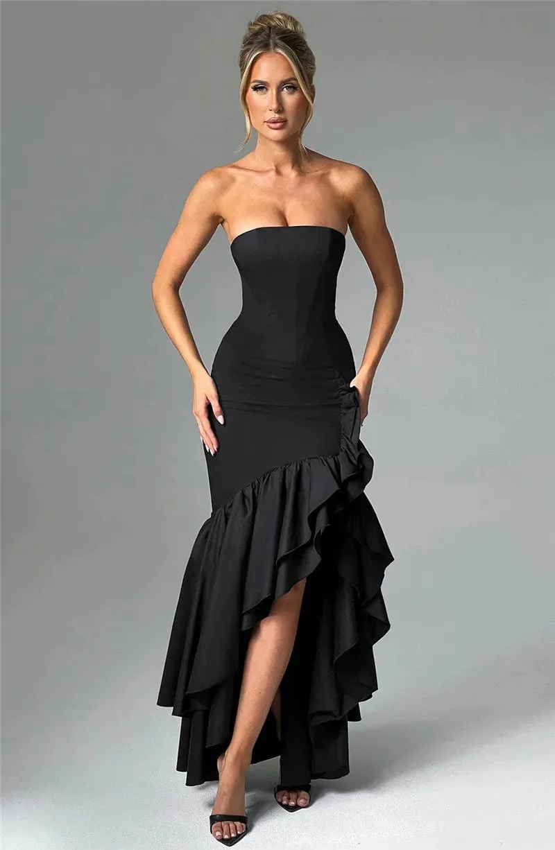 Amozae Strapless High Split Ruffle Long Dress For Women Fashion Off-shoulder Backless Sleeveless Bodycon Club Party Sexy Dress