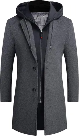 APTRO Men's Wool Trench Coat Winter Hoodie Coat Premium Business Wool Jacket