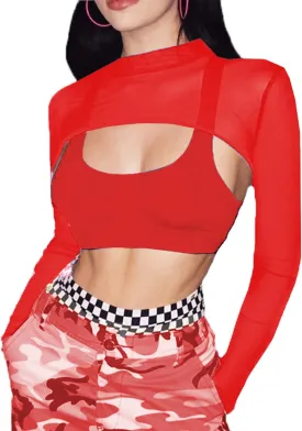 Avidlove Mesh Crop Tops for Women Mock Neck Long Sleeve Crop Top See Through Shirt Top Sexy Clubwear