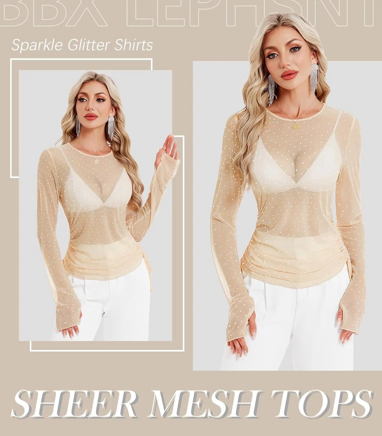 BBX Lephsnt Women Mesh Tops Rhinestone Tops Long Sleeve Sheer Blouse See Through Shirt Sparkle Glitter Shirts Lace Tops