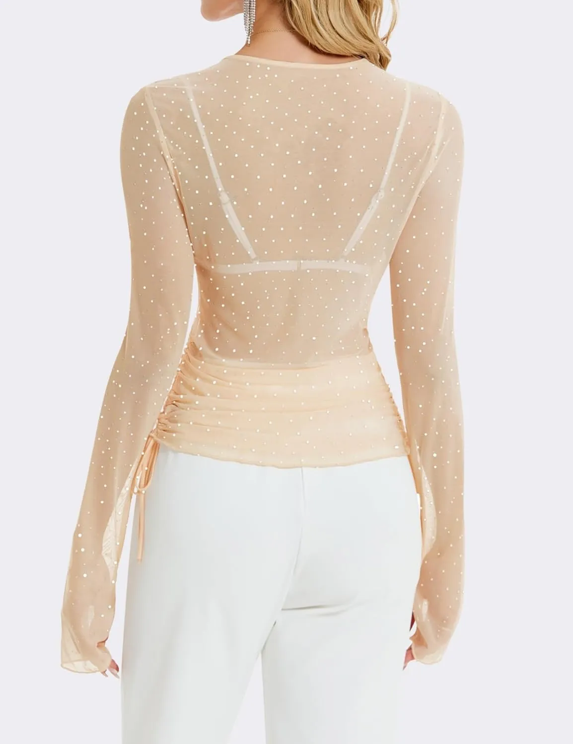 BBX Lephsnt Women Mesh Tops Rhinestone Tops Long Sleeve Sheer Blouse See Through Shirt Sparkle Glitter Shirts Lace Tops
