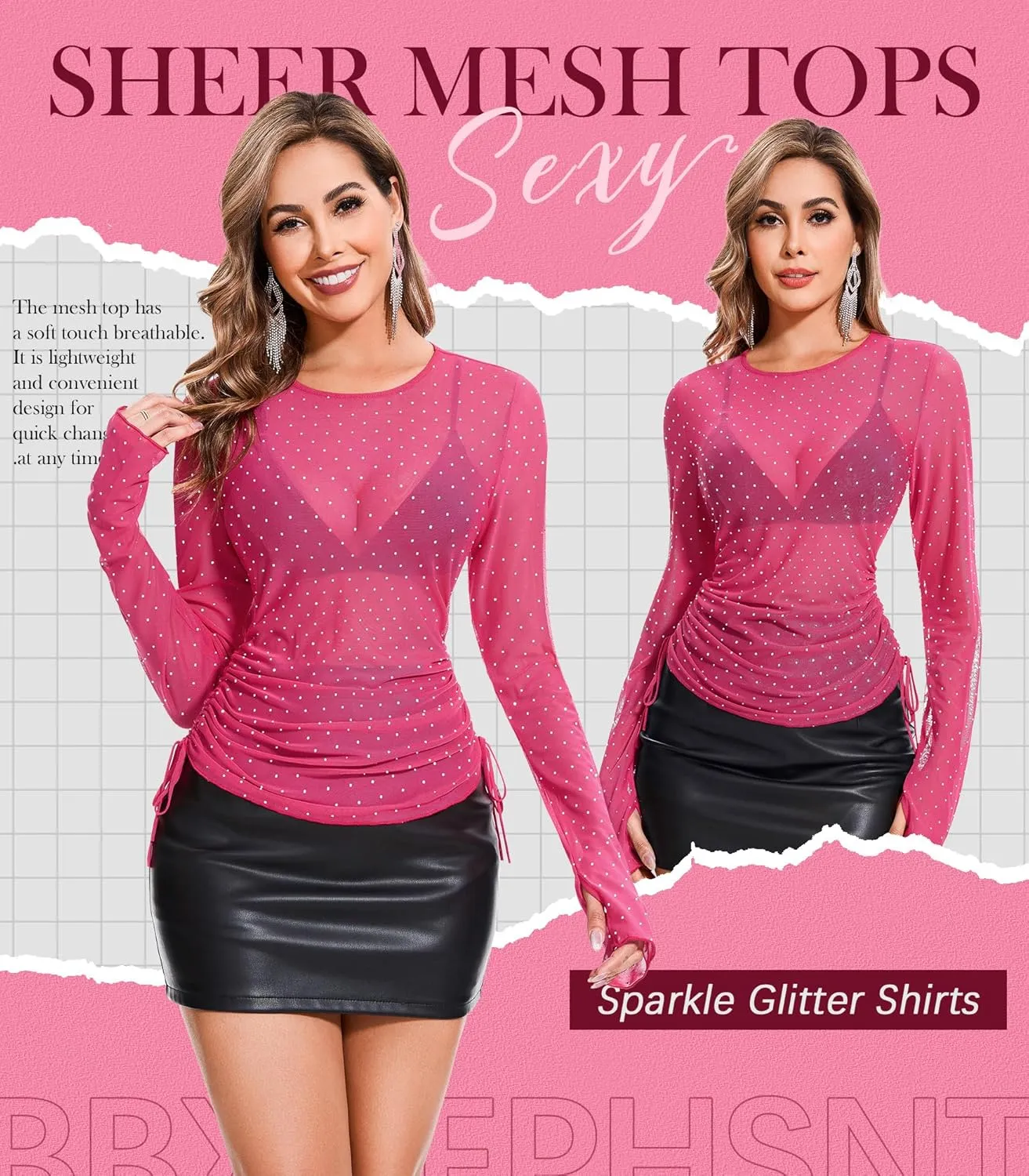 BBX Lephsnt Women Mesh Tops Rhinestone Tops Long Sleeve Sheer Blouse See Through Shirt Sparkle Glitter Shirts Lace Tops