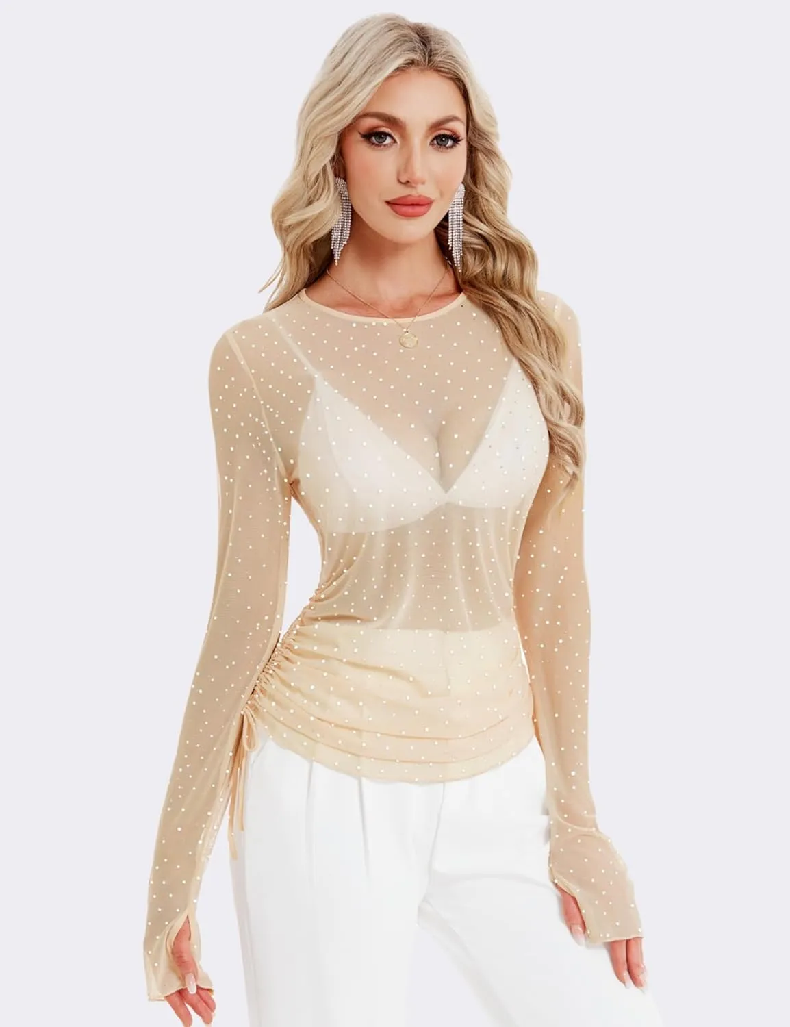 BBX Lephsnt Women Mesh Tops Rhinestone Tops Long Sleeve Sheer Blouse See Through Shirt Sparkle Glitter Shirts Lace Tops