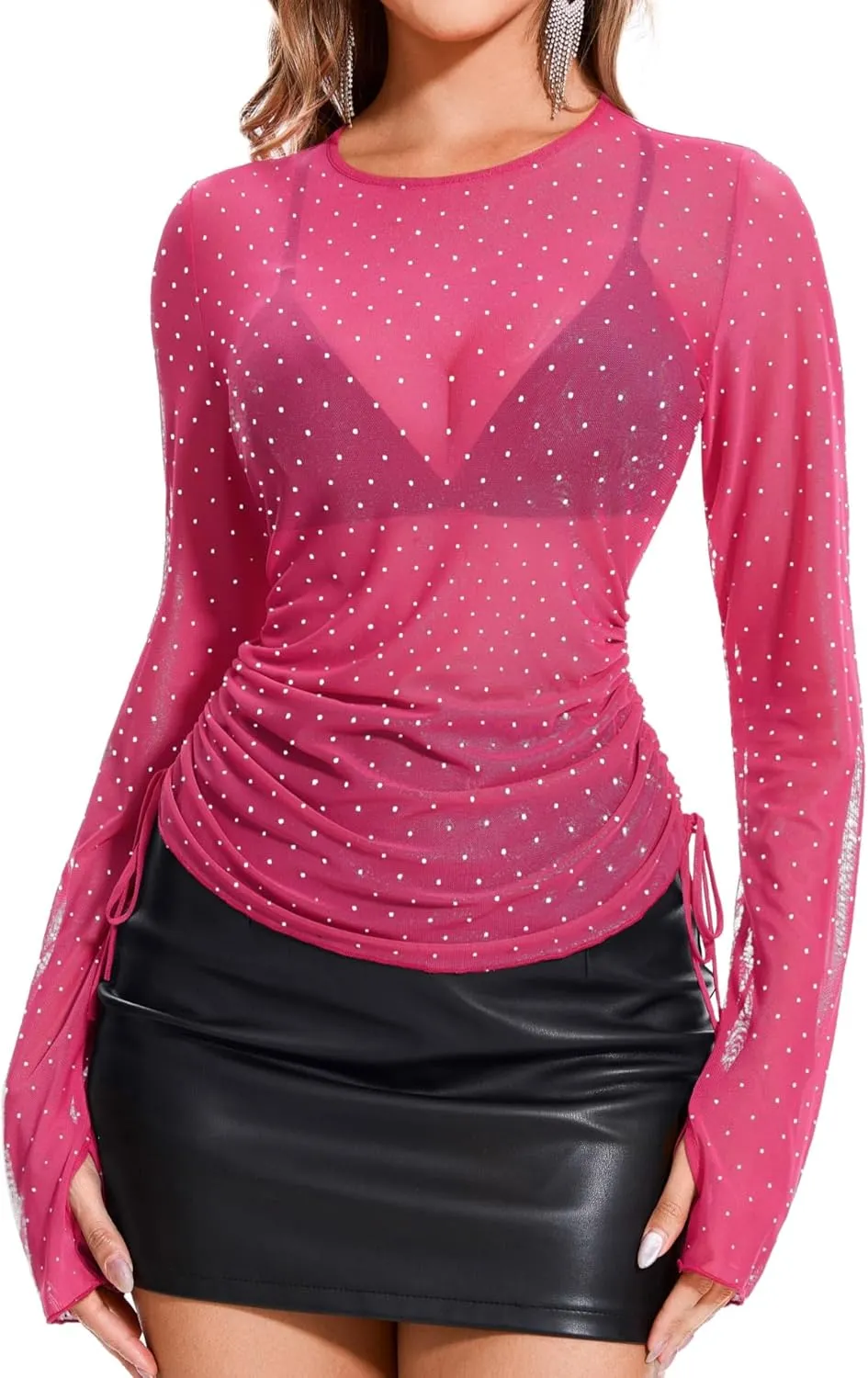 BBX Lephsnt Women Mesh Tops Rhinestone Tops Long Sleeve Sheer Blouse See Through Shirt Sparkle Glitter Shirts Lace Tops