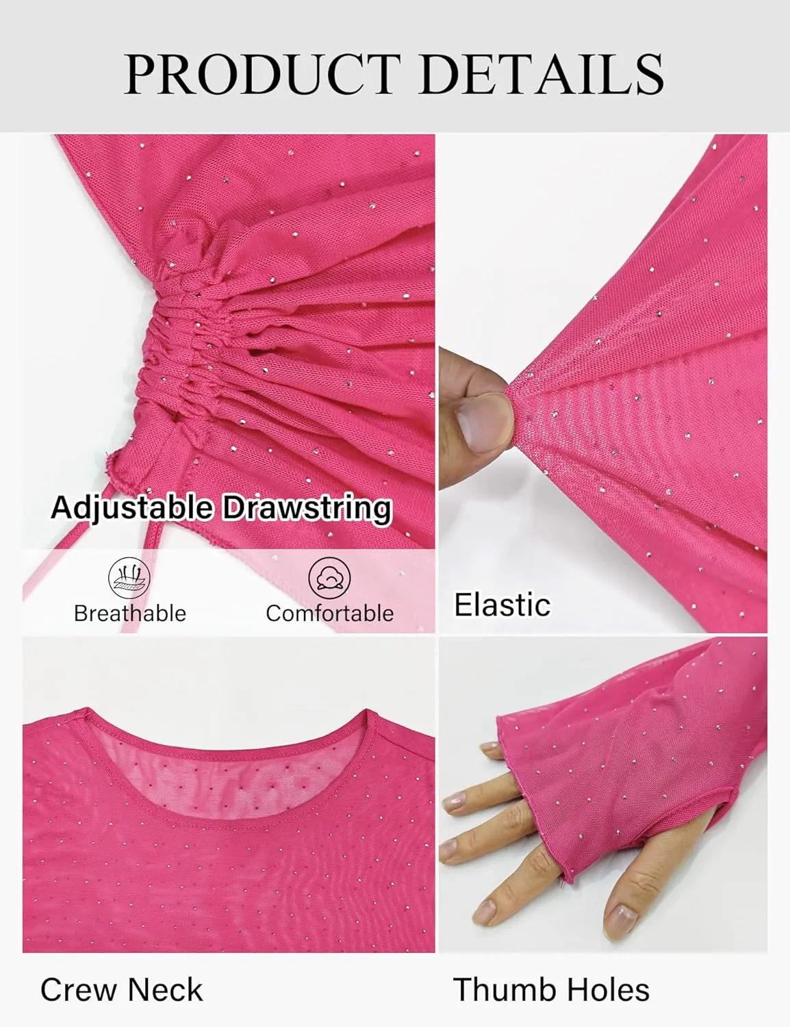 BBX Lephsnt Women Mesh Tops Rhinestone Tops Long Sleeve Sheer Blouse See Through Shirt Sparkle Glitter Shirts Lace Tops