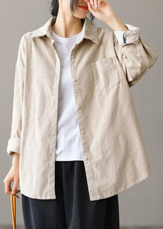 Beautiful Tibetan blue Pocket button Peter Pan Collar Corduroy Blouse Tops Long Sleeve