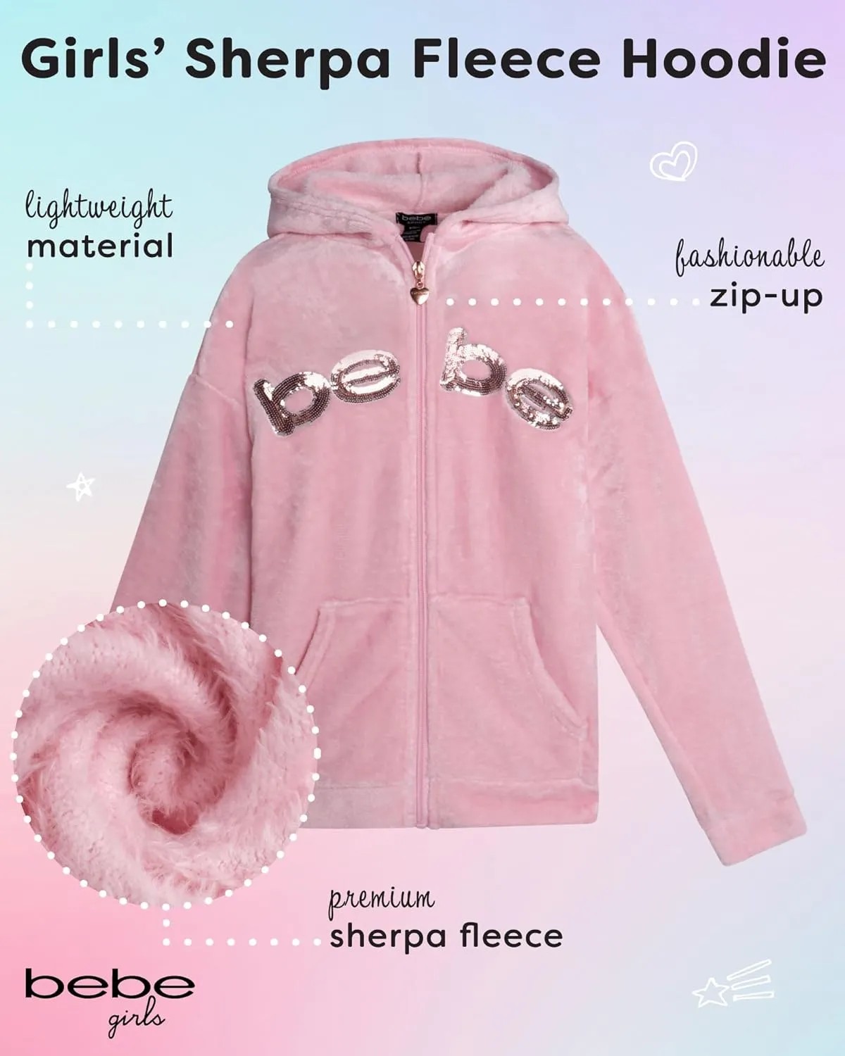 bebe Girls' Hoodie Sweatshirt - Cozy Lightweight Sherpa Fleece Graphic Hoodie for Girls with Cute Front Zipper (Sizes: 7-16)