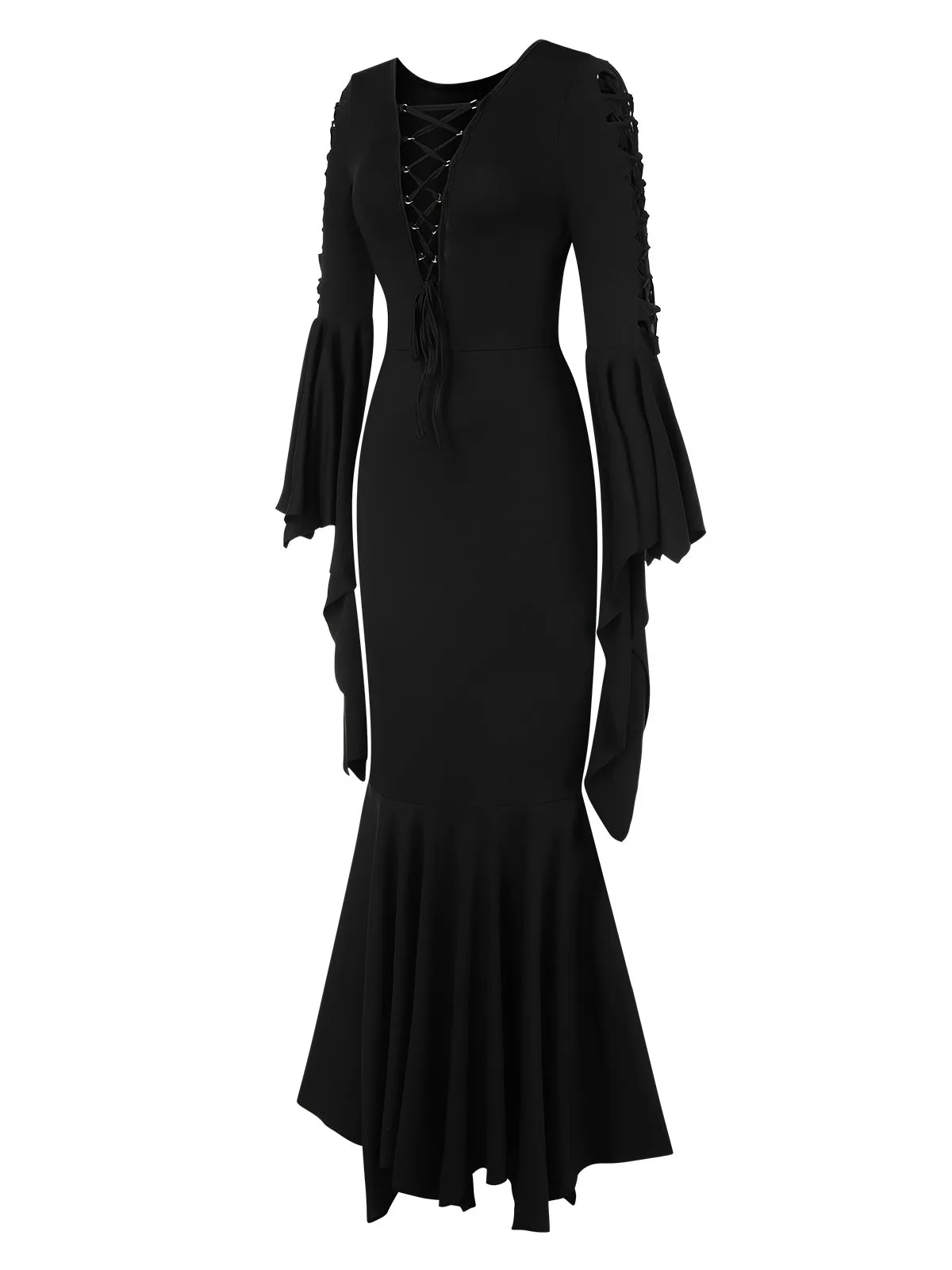 Black 1930s Solid Batwing Lace-Up Fishtail Dress