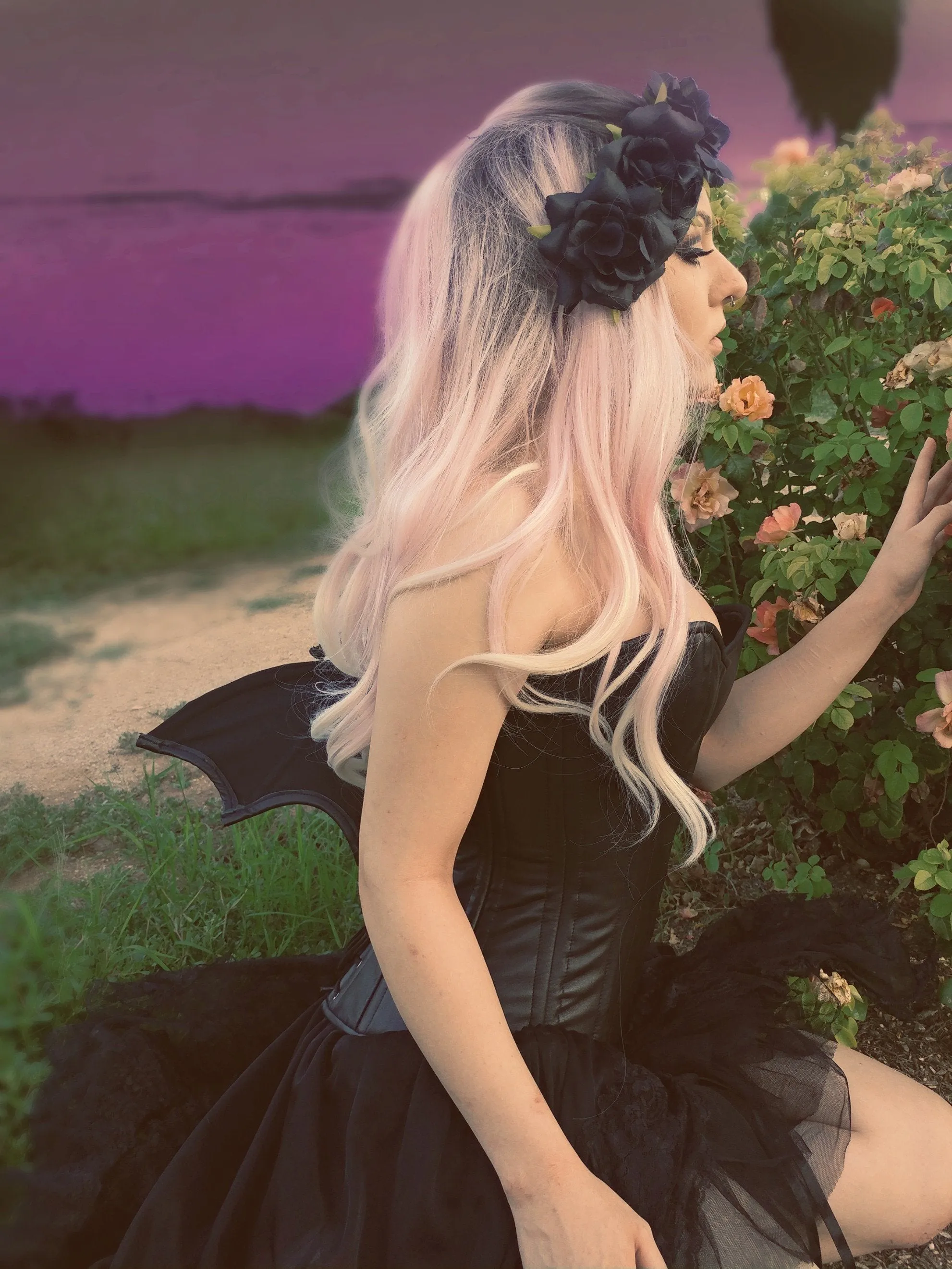 Black real leather corset with bat wings designed by Porcelain Panic, all steel boned