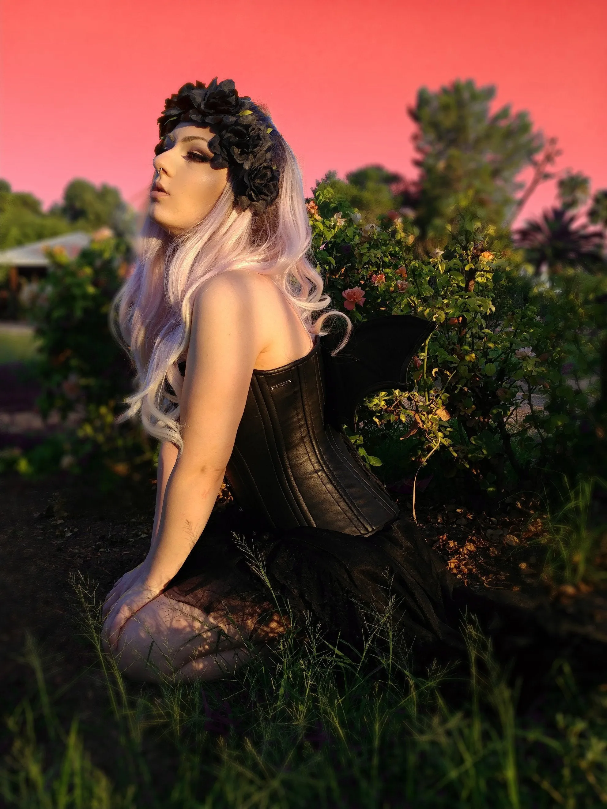 Black real leather corset with bat wings designed by Porcelain Panic, all steel boned
