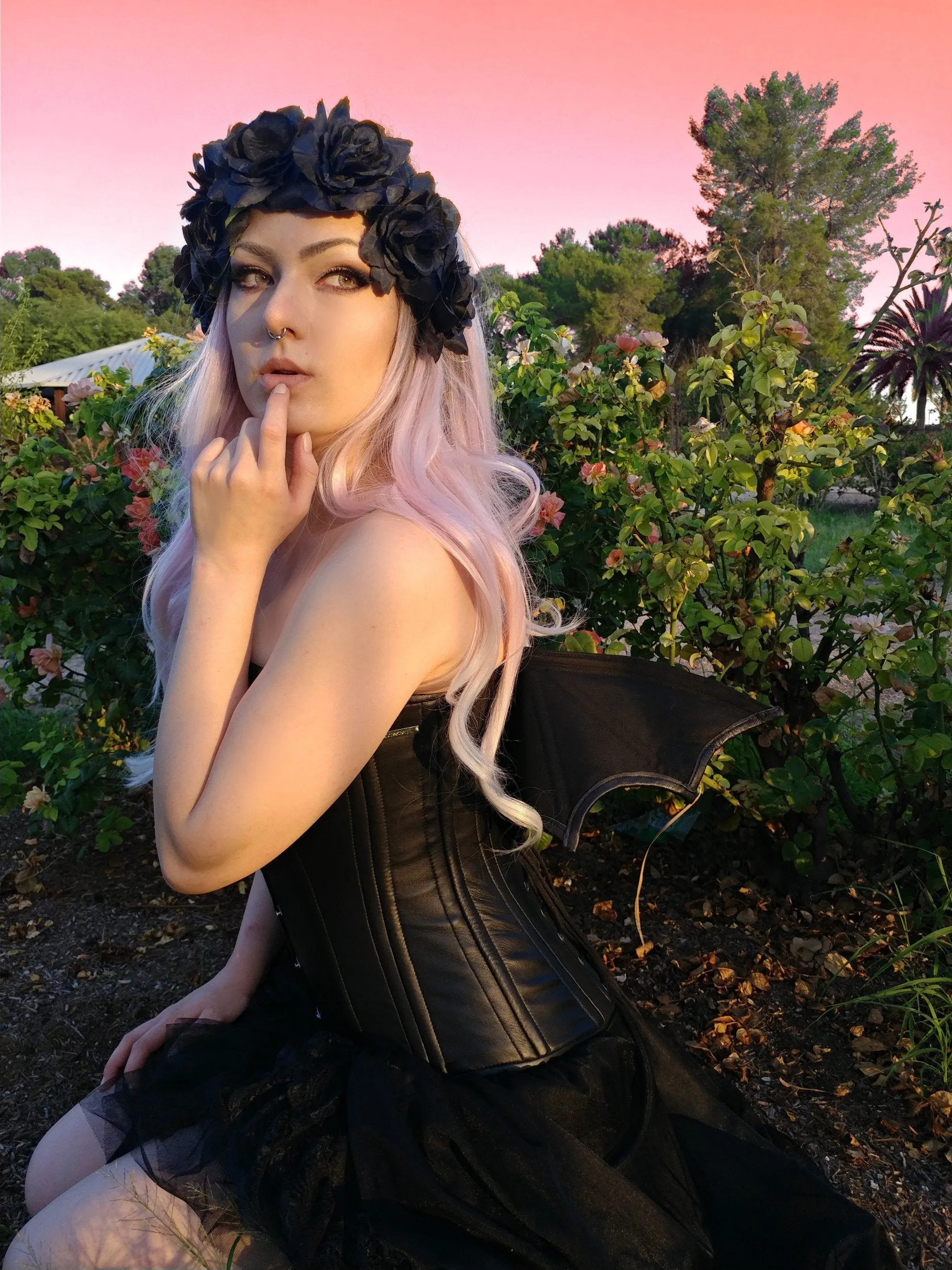 Black real leather corset with bat wings designed by Porcelain Panic, all steel boned