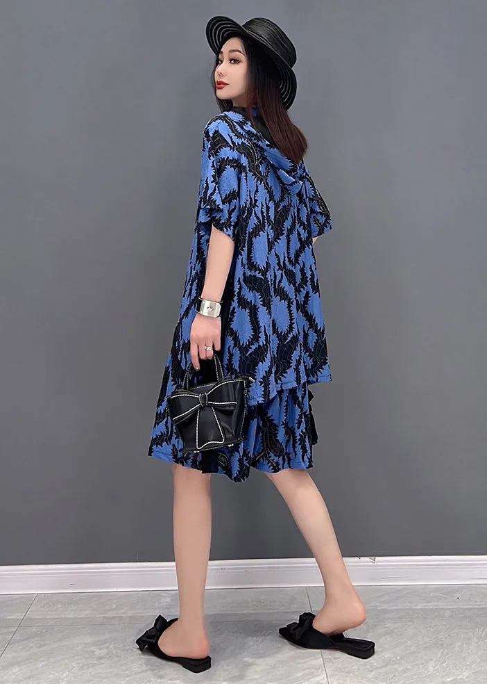 Blue Print Tops And Shorts Two Piece Suit Set Asymmetrical Side Open Summer