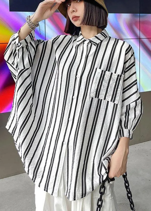 Bohemian Black White Striped Pockets Button Shirt Tops Summer