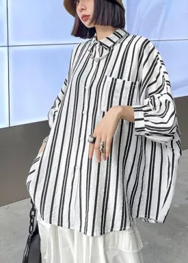 Bohemian Black White Striped Pockets Button Shirt Tops Summer