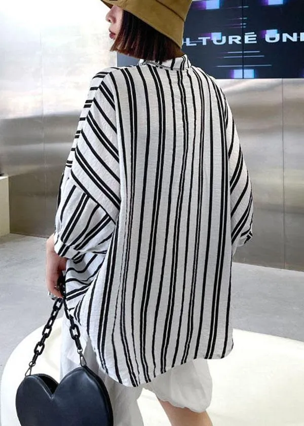 Bohemian Black White Striped Pockets Button Shirt Tops Summer