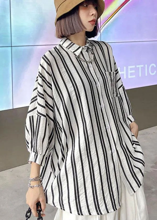 Bohemian Black White Striped Pockets Button Shirt Tops Summer