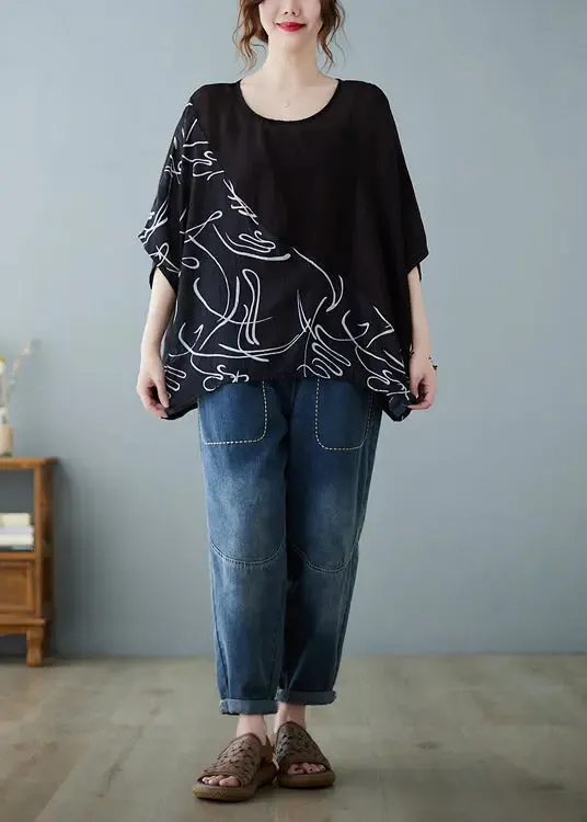 Boutique Black Oversized Print Cotton Tank Tops Summer LY8701