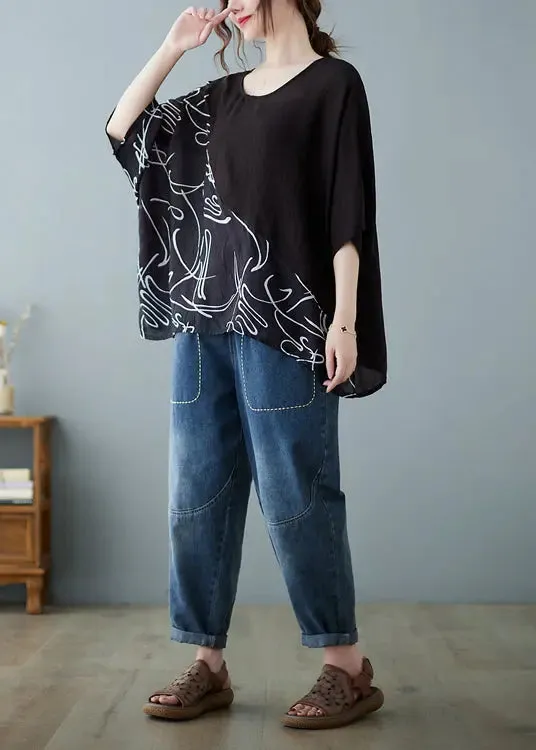 Boutique Black Oversized Print Cotton Tank Tops Summer LY8701