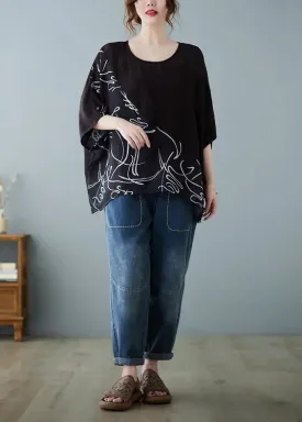 Boutique Black Oversized Print Cotton Tank Tops Summer LY8701