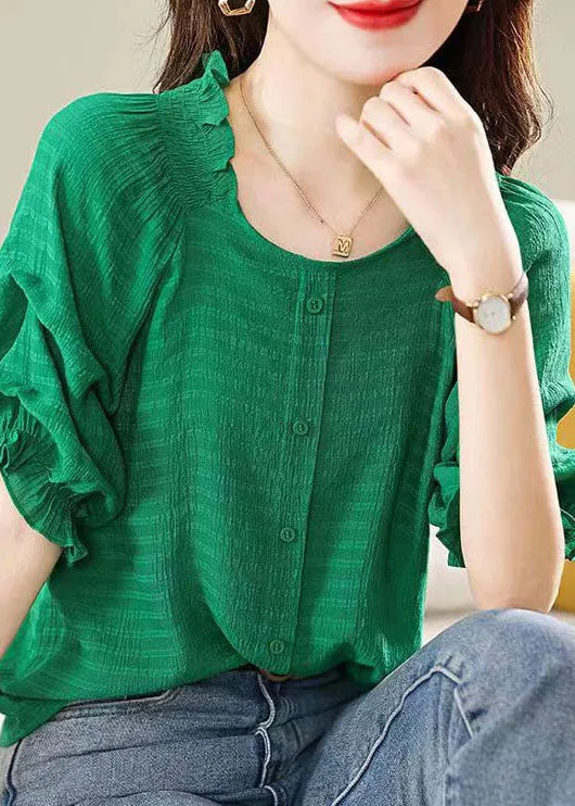 Boutique Green Ruffled Patchwork Chiffon Shirts Tops Summer LY6918