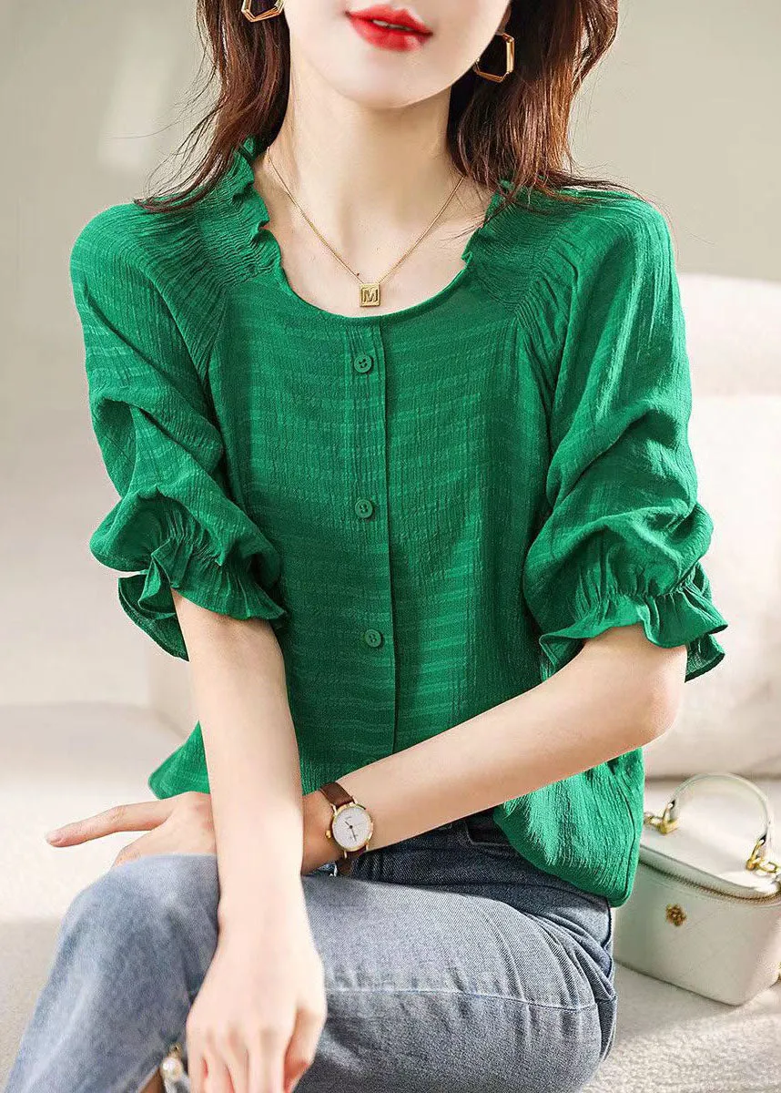 Boutique Green Ruffled Patchwork Chiffon Shirts Tops Summer LY6918