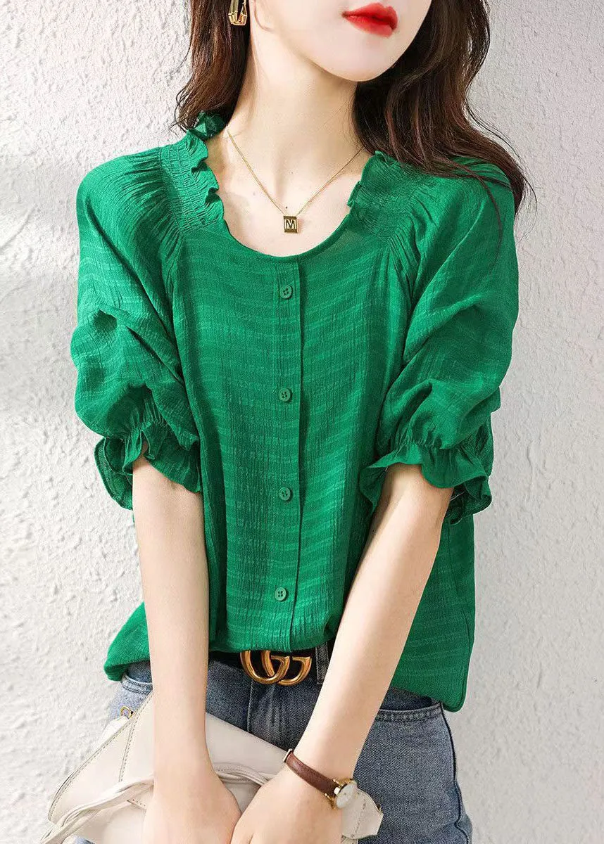 Boutique Green Ruffled Patchwork Chiffon Shirts Tops Summer LY6918