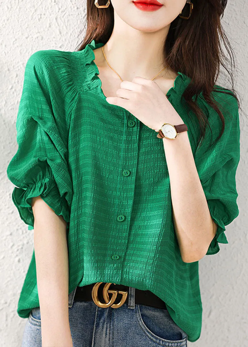 Boutique Green Ruffled Patchwork Chiffon Shirts Tops Summer LY6918