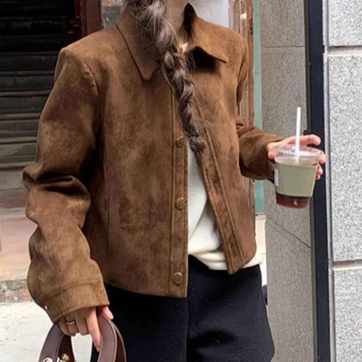 Button Down Cropped Suede Jacket Women Y2k Streetwear Faux Leather Bomber Jacket Fall Fashion 2024 Winter