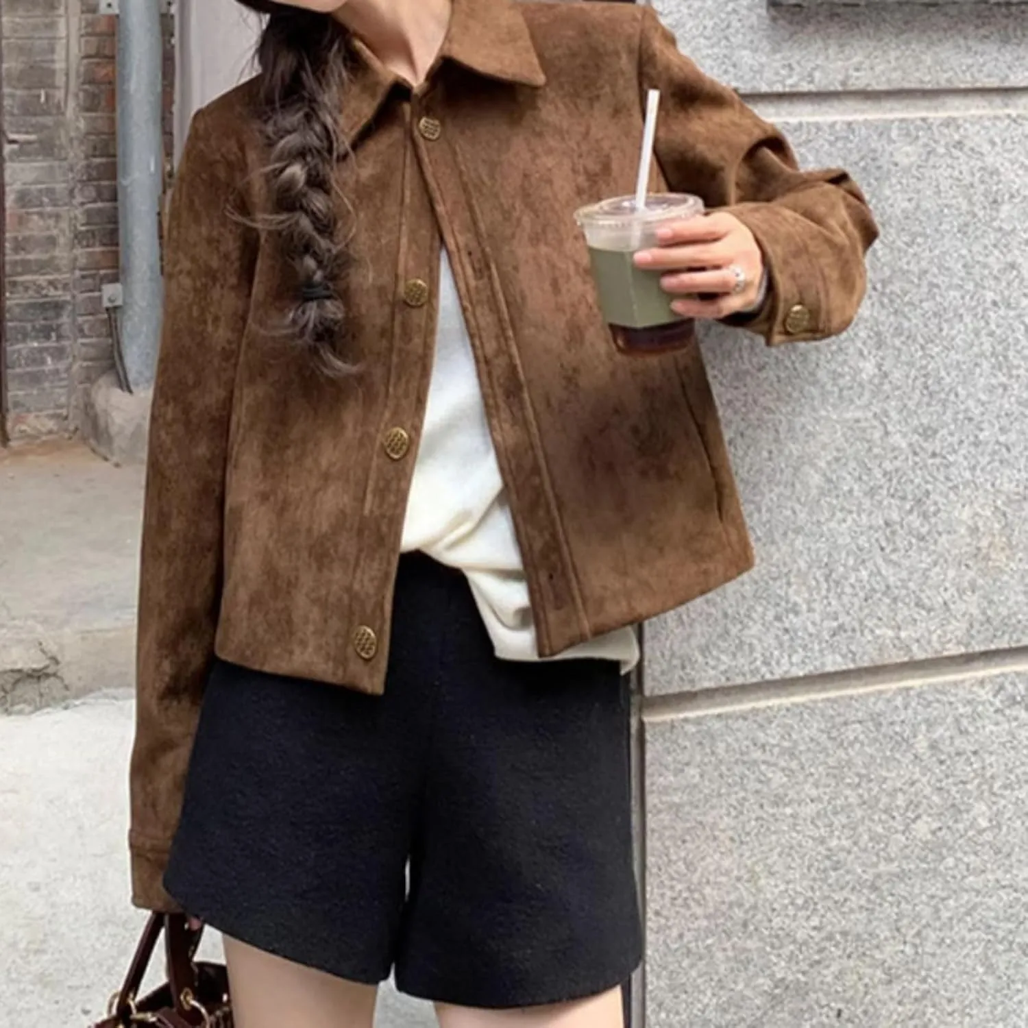 Button Down Cropped Suede Jacket Women Y2k Streetwear Faux Leather Bomber Jacket Fall Fashion 2024 Winter