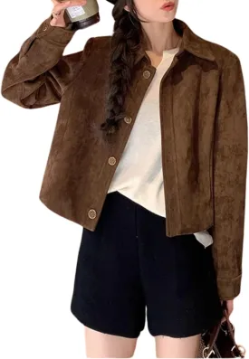 Button Down Cropped Suede Jacket Women Y2k Streetwear Faux Leather Bomber Jacket Fall Fashion 2024 Winter