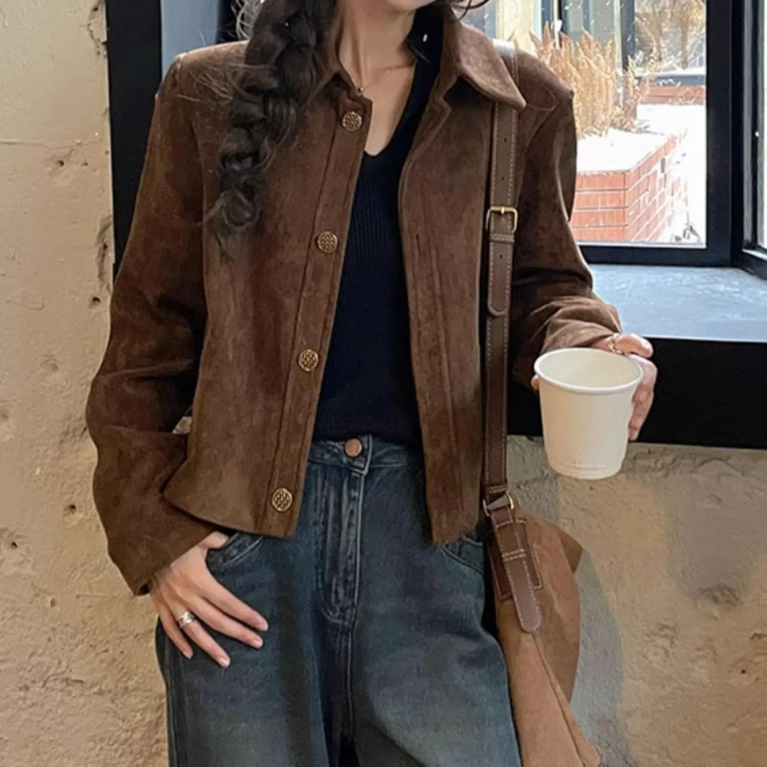 Button Down Cropped Suede Jacket Women Y2k Streetwear Faux Leather Bomber Jacket Fall Fashion 2024 Winter