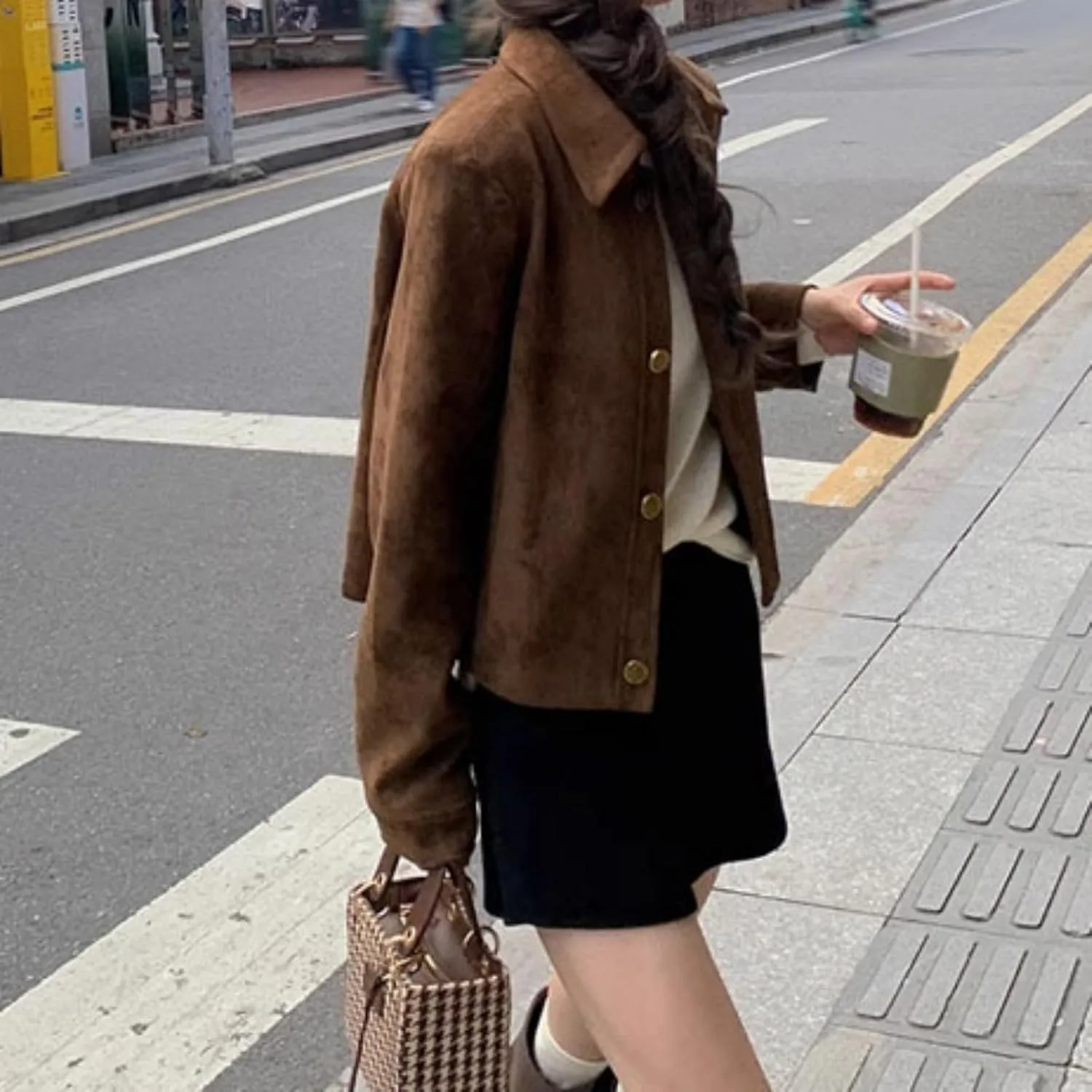 Button Down Cropped Suede Jacket Women Y2k Streetwear Faux Leather Bomber Jacket Fall Fashion 2024 Winter