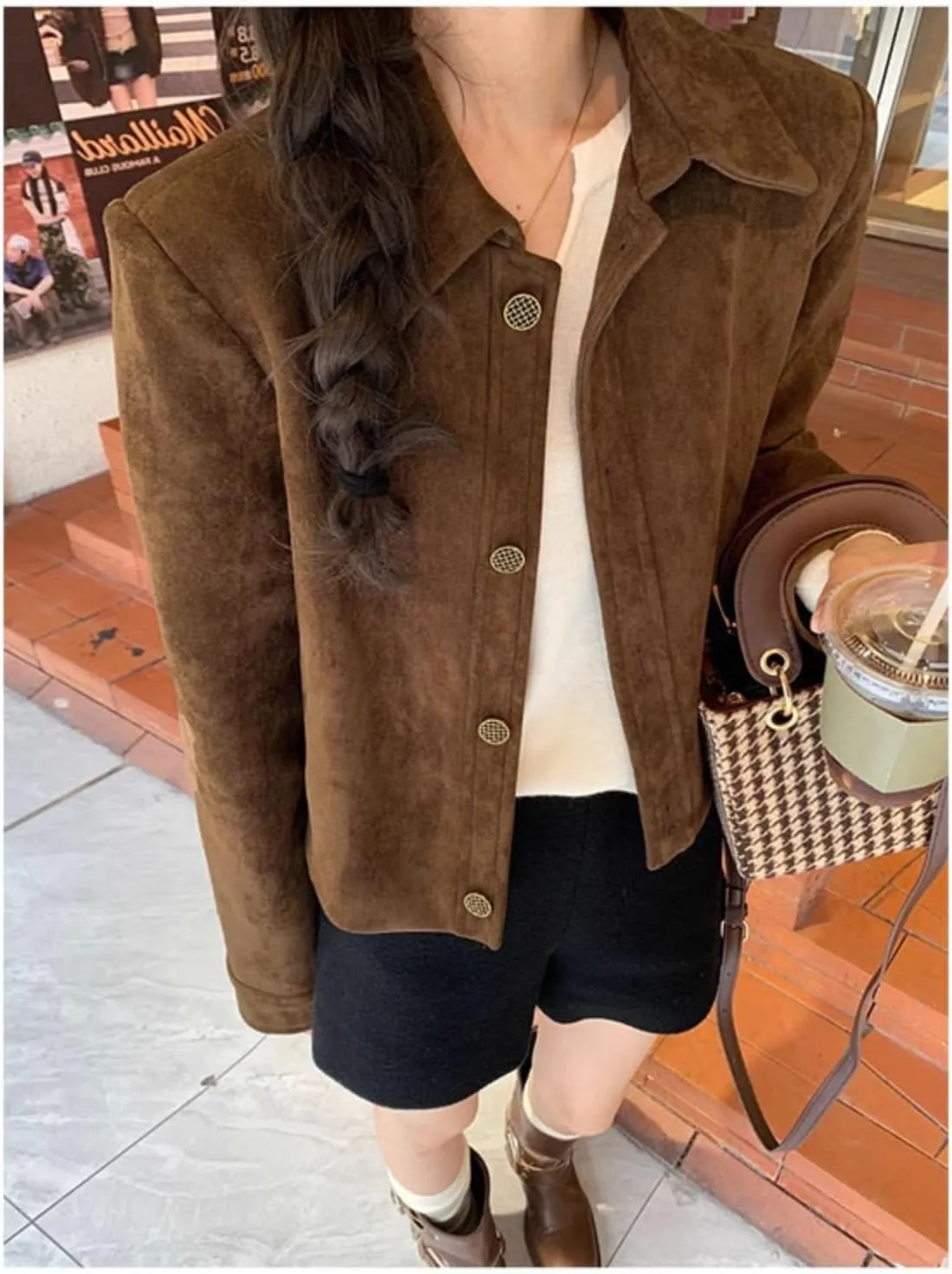 Button Down Cropped Suede Jacket Women Y2k Streetwear Faux Leather Bomber Jacket Fall Fashion 2024 Winter