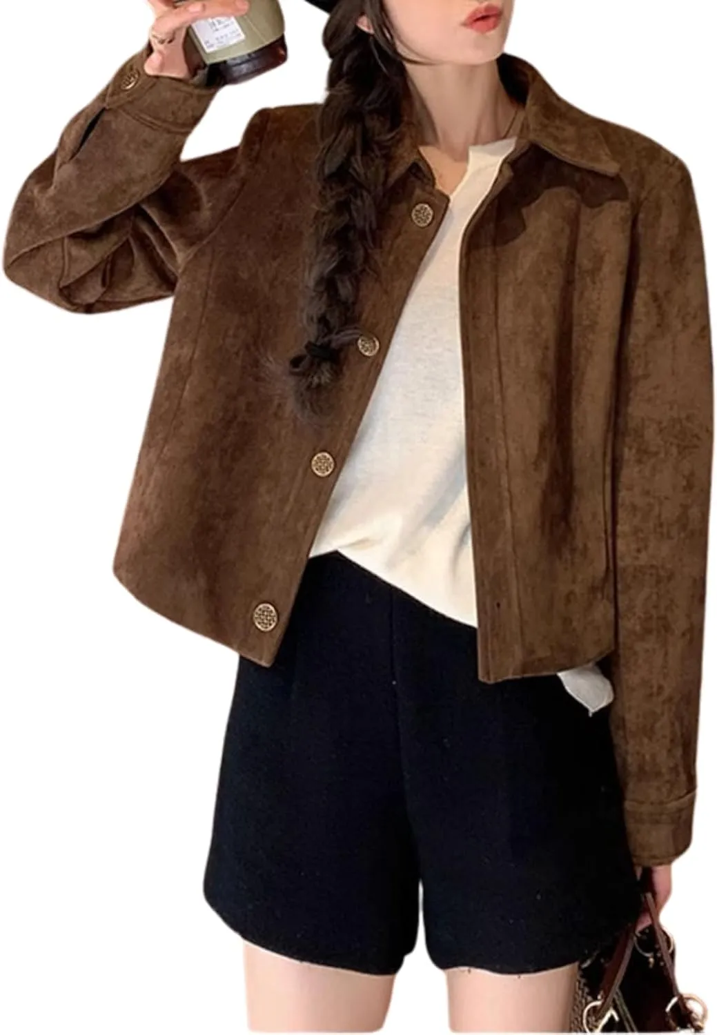 Button Down Cropped Suede Jacket Women Y2k Streetwear Faux Leather Bomber Jacket Fall Fashion 2024 Winter