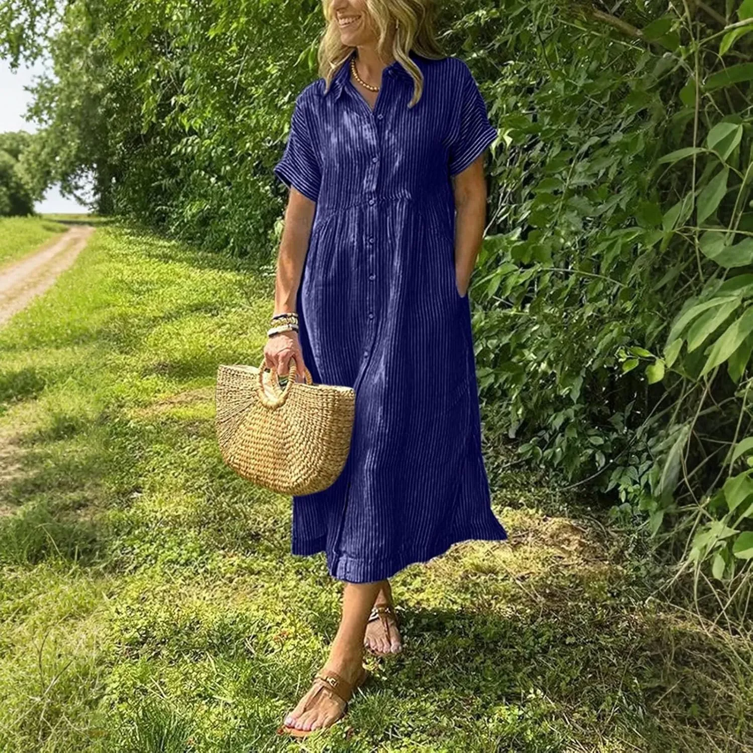 Button Down Dress for Women Short Sleeve Plus Size Striped Midi Dress Casual Summer Lightweight Collar Shirt Dresses