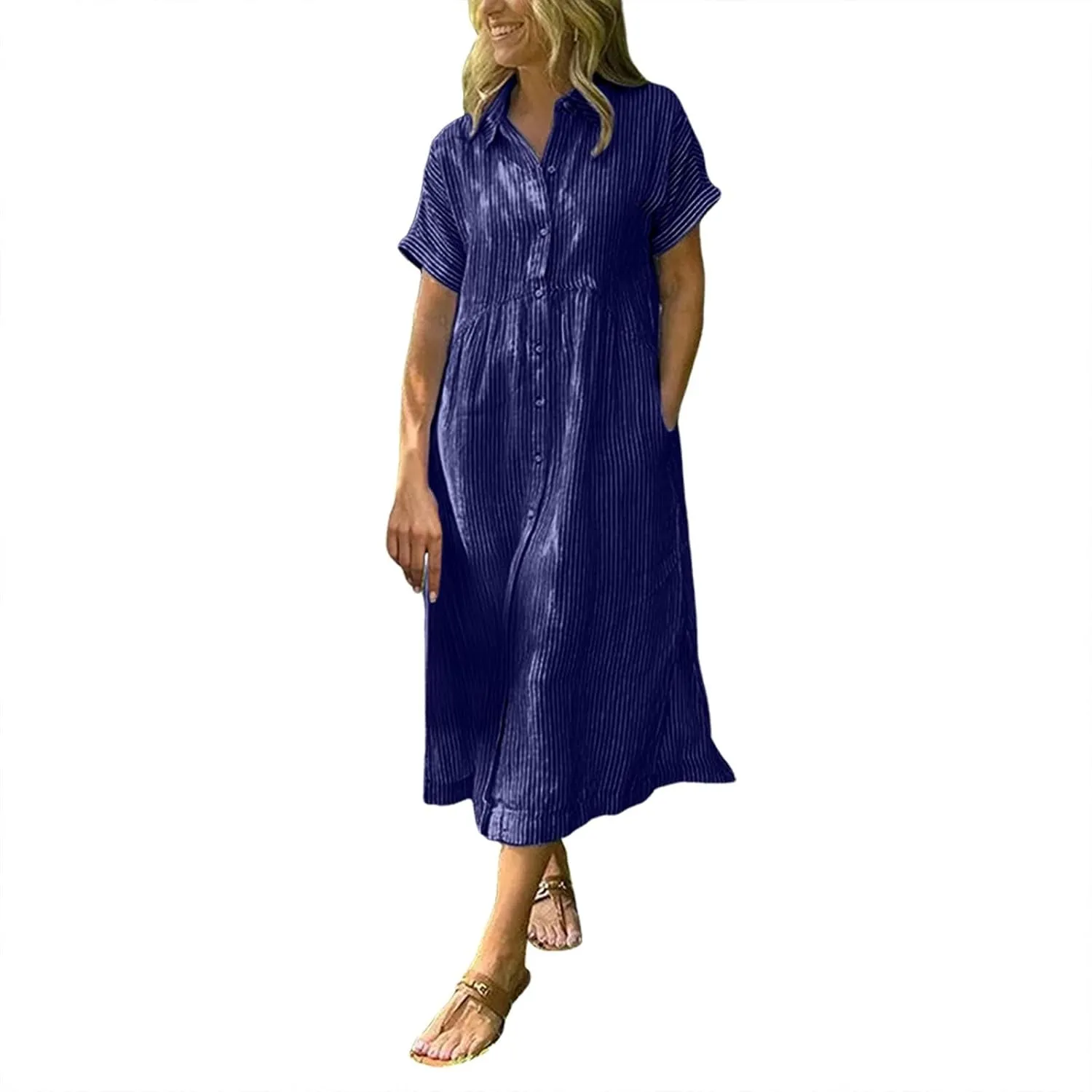 Button Down Dress for Women Short Sleeve Plus Size Striped Midi Dress Casual Summer Lightweight Collar Shirt Dresses