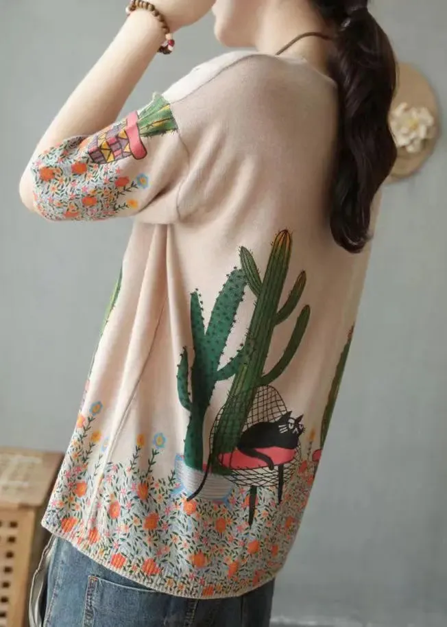 Camel Cozy Patchwork Cotton Knit Tops O Neck Summer ML3357