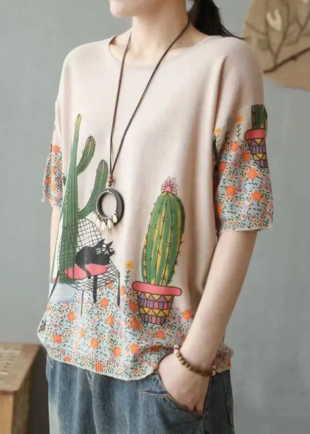 Camel Cozy Patchwork Cotton Knit Tops O Neck Summer ML3357