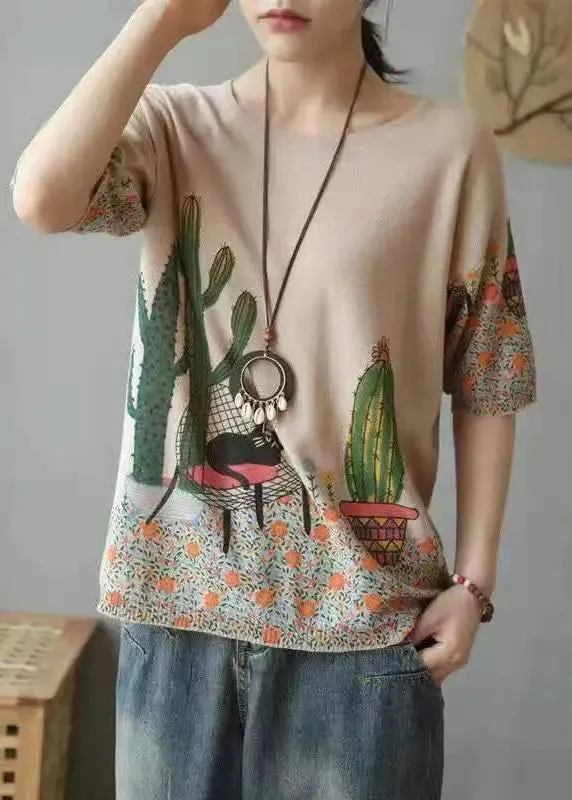 Camel Cozy Patchwork Cotton Knit Tops O Neck Summer ML3357
