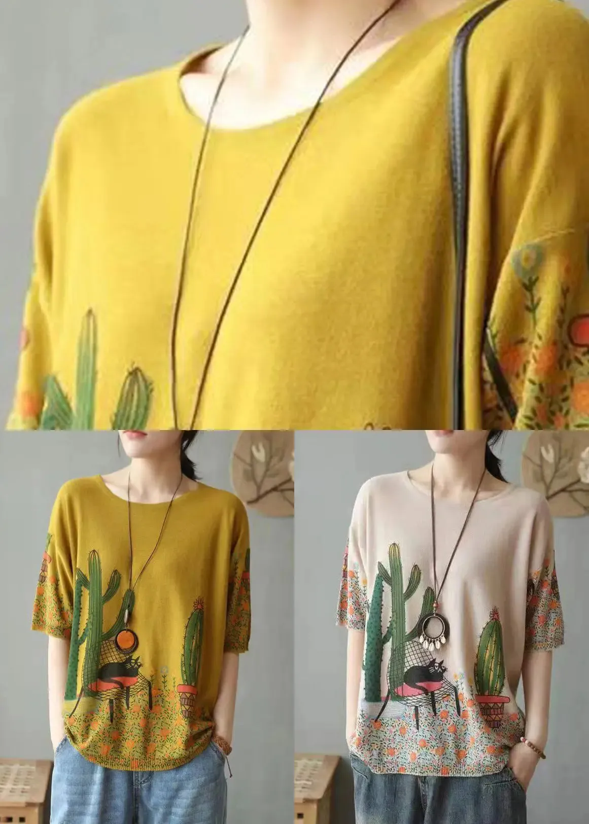 Camel Cozy Patchwork Cotton Knit Tops O Neck Summer ML3357