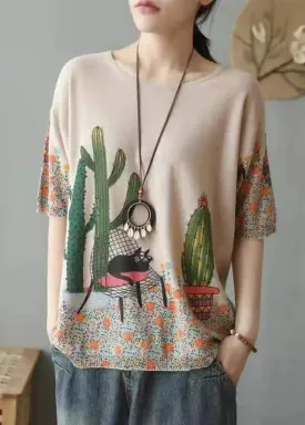Camel Cozy Patchwork Cotton Knit Tops O Neck Summer ML3357