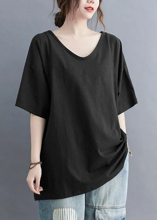 Casual Black V Neck Patchwork Cotton T Shirt Tops Summer LY5363