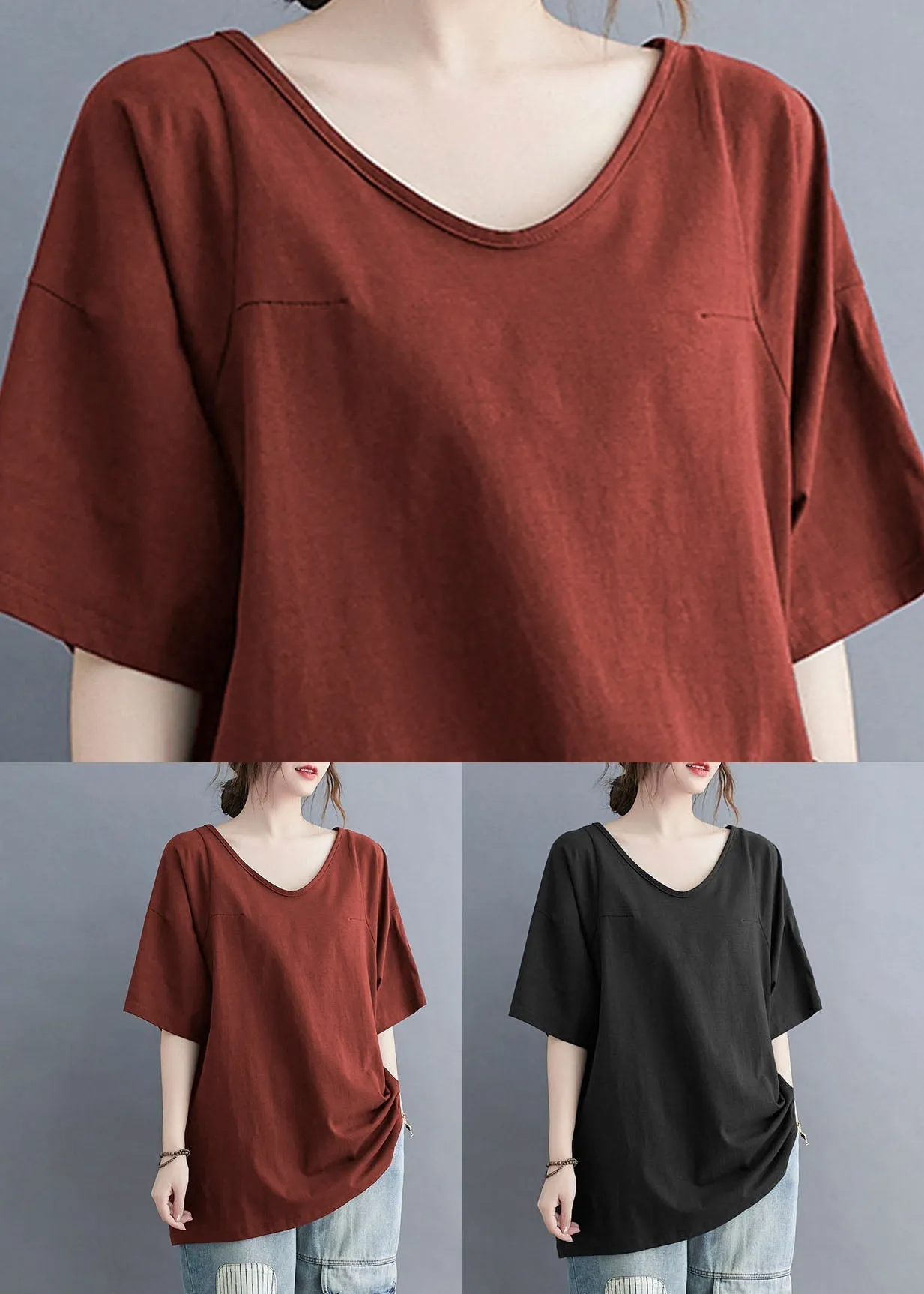 Casual Black V Neck Patchwork Cotton T Shirt Tops Summer LY5363