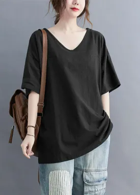 Casual Black V Neck Patchwork Cotton T Shirt Tops Summer LY5363