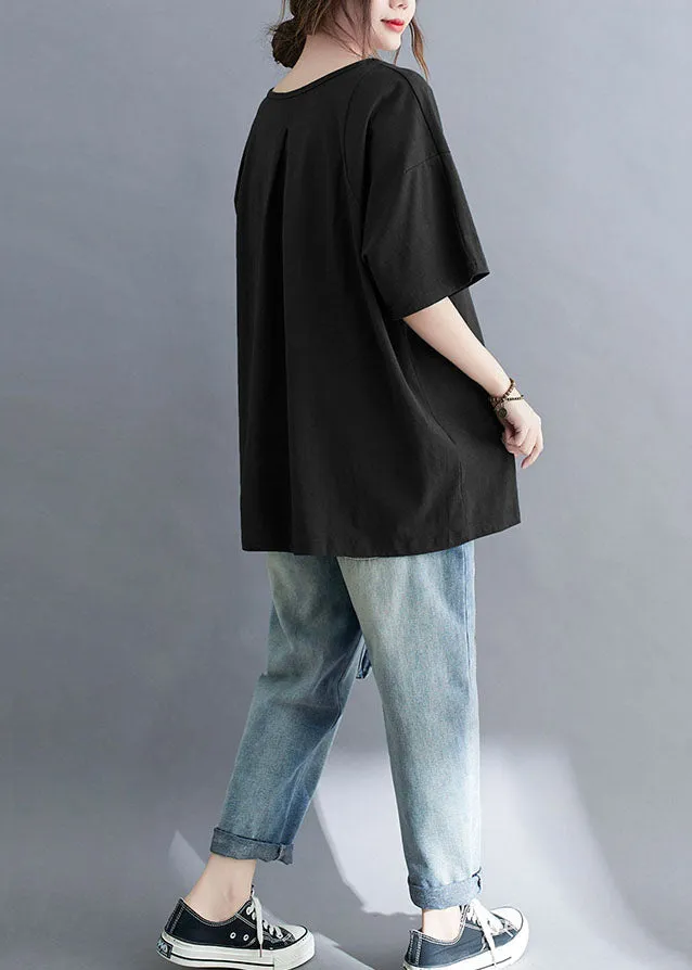 Casual Black V Neck Patchwork Cotton T Shirt Tops Summer LY5363